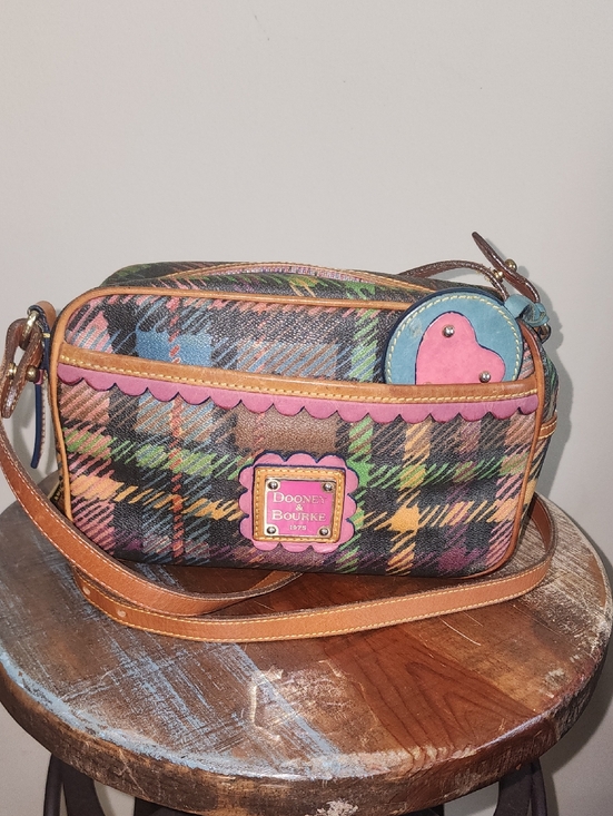 Dooney & Bourke Handbags - Dooney & Bourke Vintage Leather Rainbow Plaid Crossbody Baguette Pink Blue Y2K